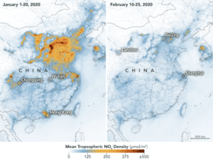 تظهر الخرائط قيم NO2 عبر الصين من 1 إلى 20 يناير 2020 (قبل الحجر الصحي) ومن 10 إلى 25 فبراير (أثناء الحجر). 