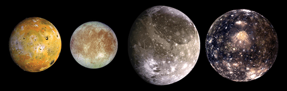 صورة للأقمار الجاليلية وهم على الترتيب من اليمين إلى اليسار كاليستو – غاينميد – أوروبا – آيو NASA : حقوق الصورة