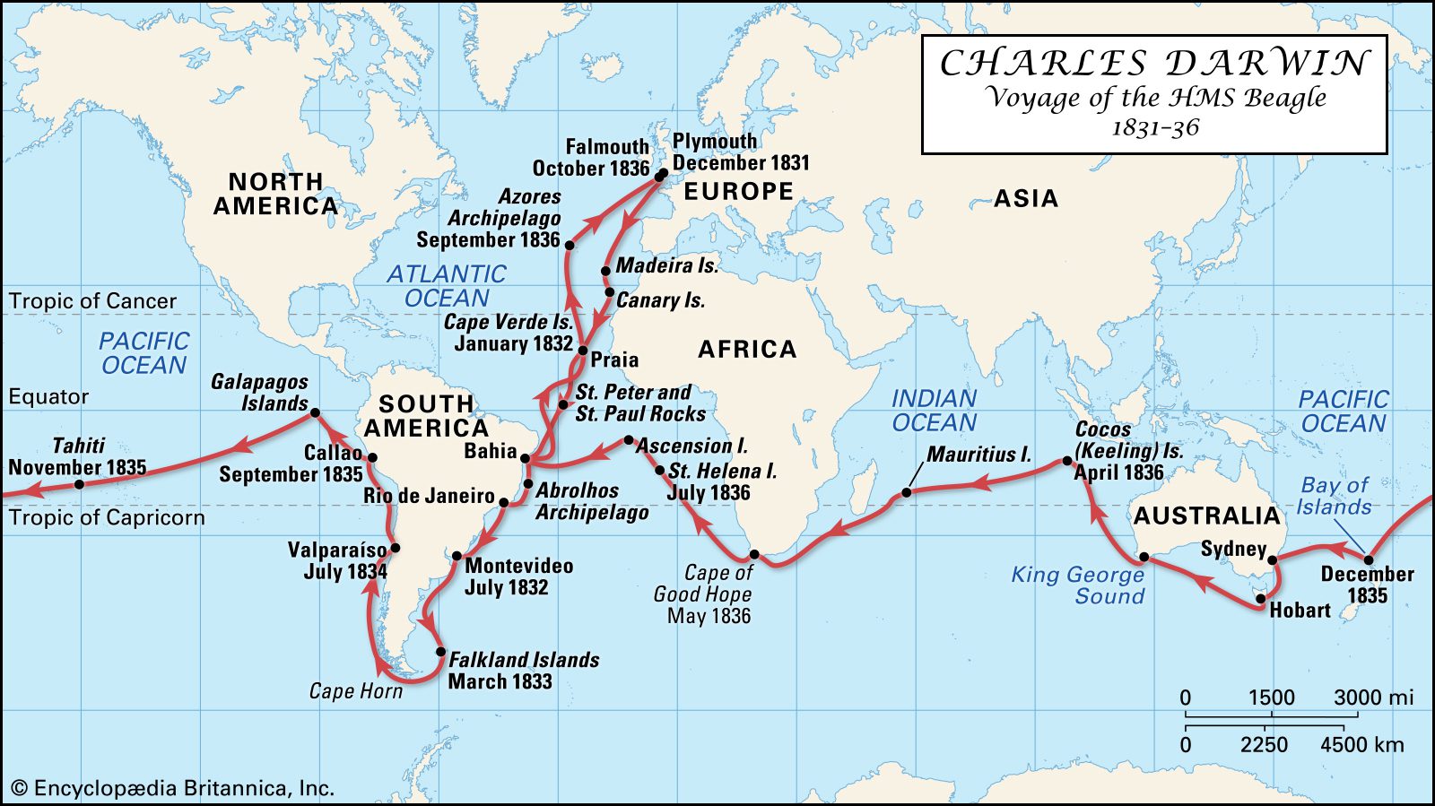 صورة توضيحية لـخريطة رحلة تشارلز داروين لسفينة البيجل خلال الفترة الزمنية 1831-1836.
المصدر: https://www.britannica.com/biography/Charles-Darwin/The-Beagle-voyage