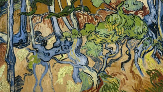 تُظهر لوحة «جذور الشجرة» لفان جوخ تكوينًا معقدًا يرتسم على كامل مساحتها، دون وجود أي نقطة بعينها، تستحوذ على تركيز الناظر إليها.