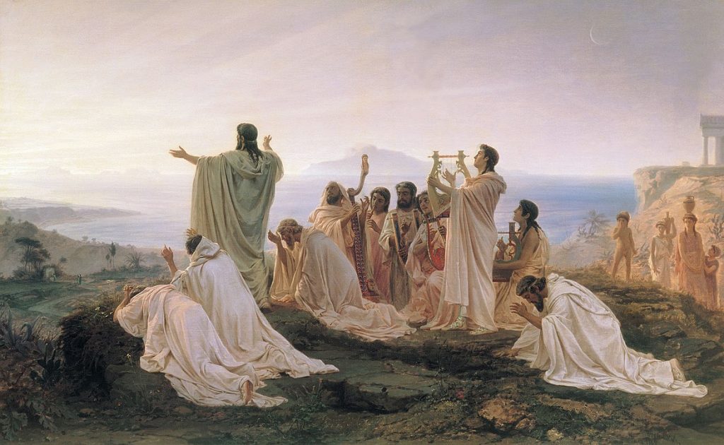 الفيثاغوريّون يحتفلون بشروق الشمس - لوحةٌ لفيودور برونيكوف 1869 (Wikipedia)
