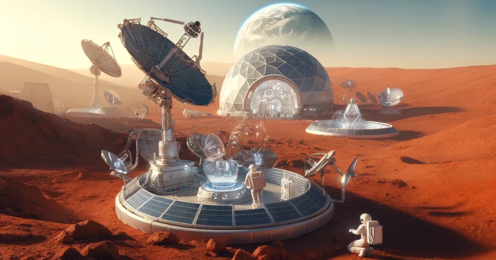 DALL·E-2024-04-21-19.31.25-A-futuristic-communication-setup-on-Mars-featuring-large-satellite-dishes-and-antennas-on-the-red-rocky-terrain.-In-the-background-a-dome-shaped-ha