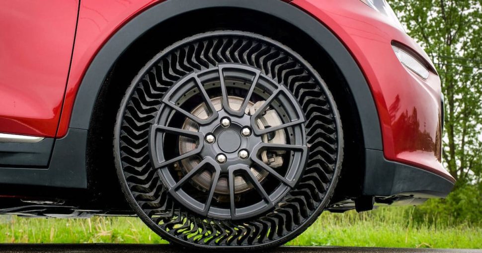 The Michelin Uptis Prototype is tested on a Chevrolet Bolt EV Wednesday, May 29, 2019 at the General Motors Milford Proving Ground in Milford, Michigan. GM intends to develop this airless wheel assembly with Michelin and aims to introduce it on passenger vehicles as early as 2024. (Photo by Steve Fecht for General Motors)